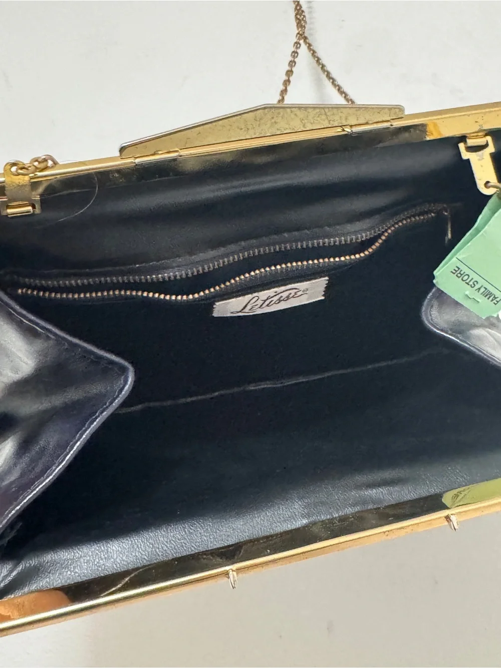 Letrice Vintage Black Leather Frame Clutch Shoulder Bag Gold Tone‎ Chain Purse